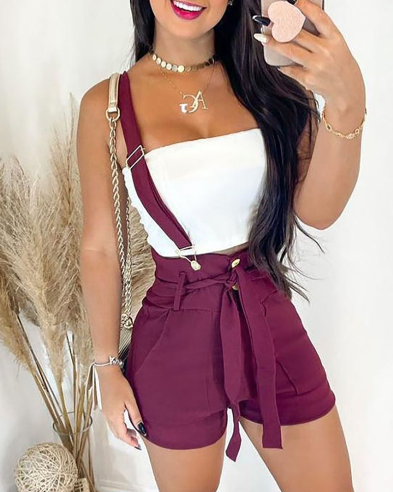

Button Decor Pocket Design Suspender Shorts, Purple