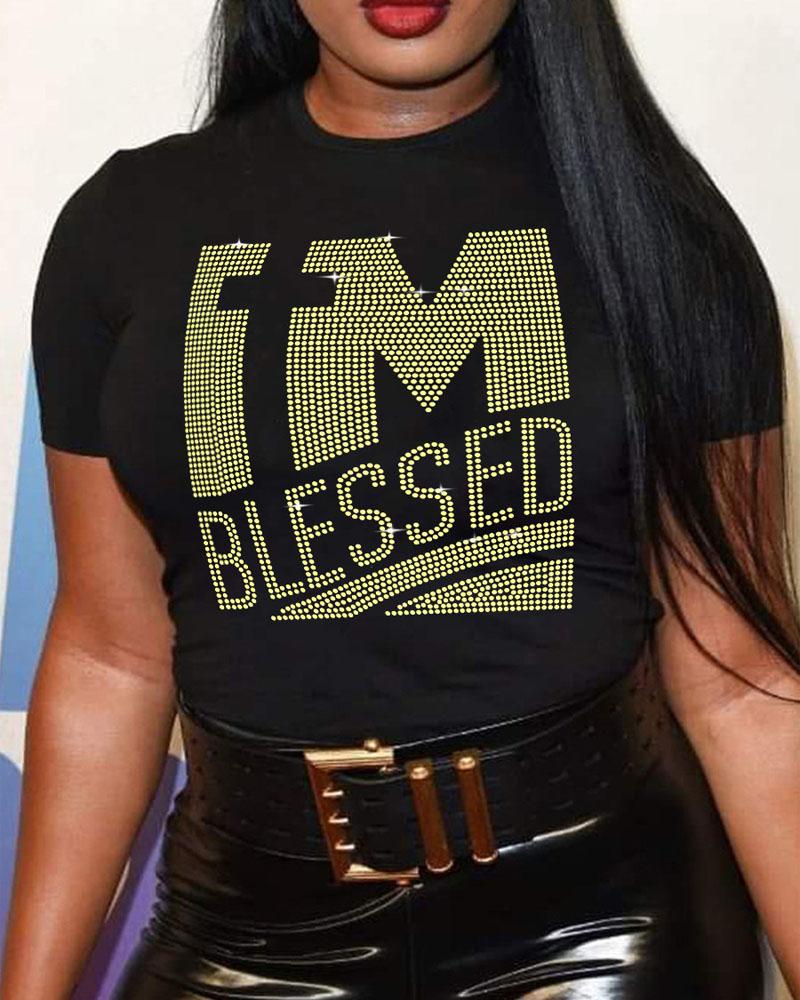 

Plus Size I'm Blessed Rhinestone Casual T-shirt, Black