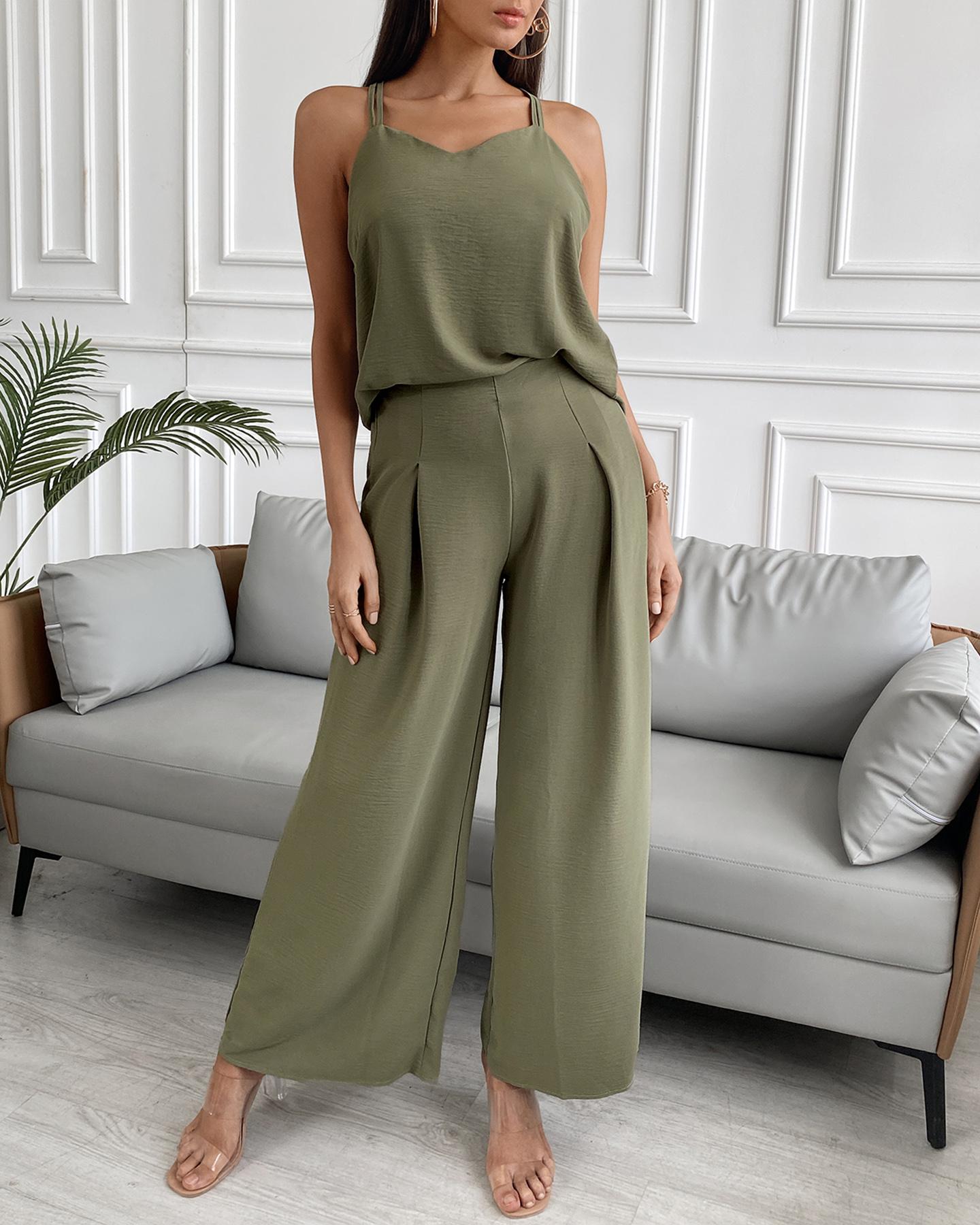 

Sleeveless Top & High Waist Wide Leg Pants Set, Army green