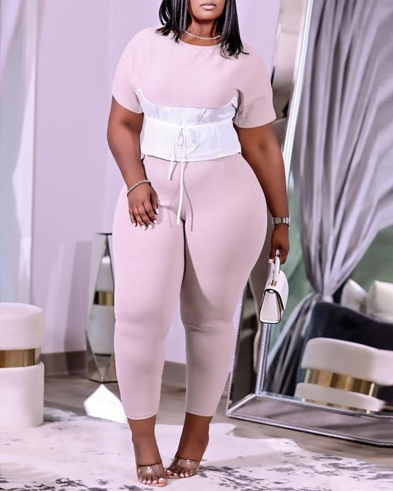 

Plus Size Colorblock Tied Detail Top & Pants Set, Pink