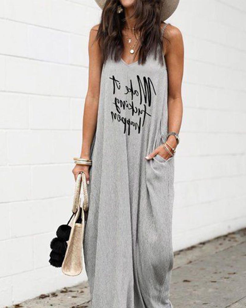 

Casual V Neck Spaghetti Strap Maxi Dress, Gray
