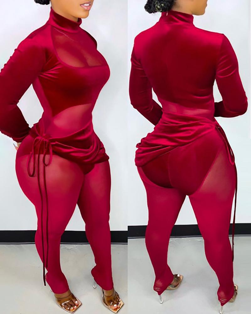 

Velvet Patch Sheer Mesh Jumpsuit & Tied Detail Skirt Set, Red