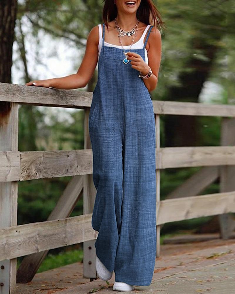 

Denim Look Print Casual Suspender Jumpsuit, Blue