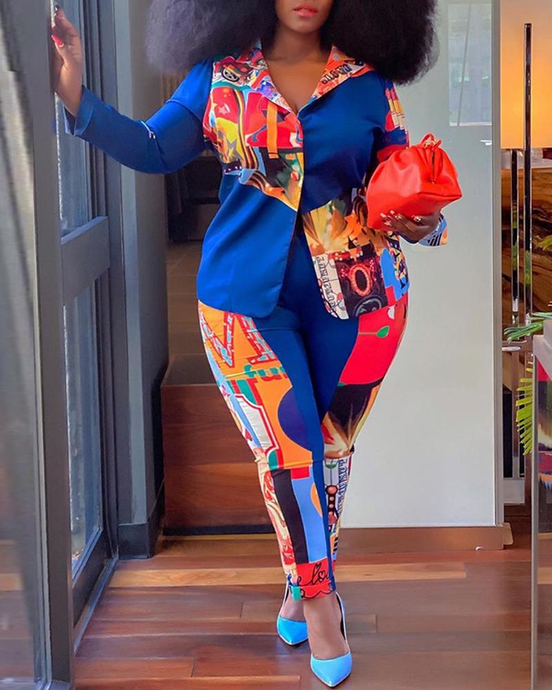 

Plus Size Graphic Print Long Sleeve Blazer Coat & Pants Set, Blue