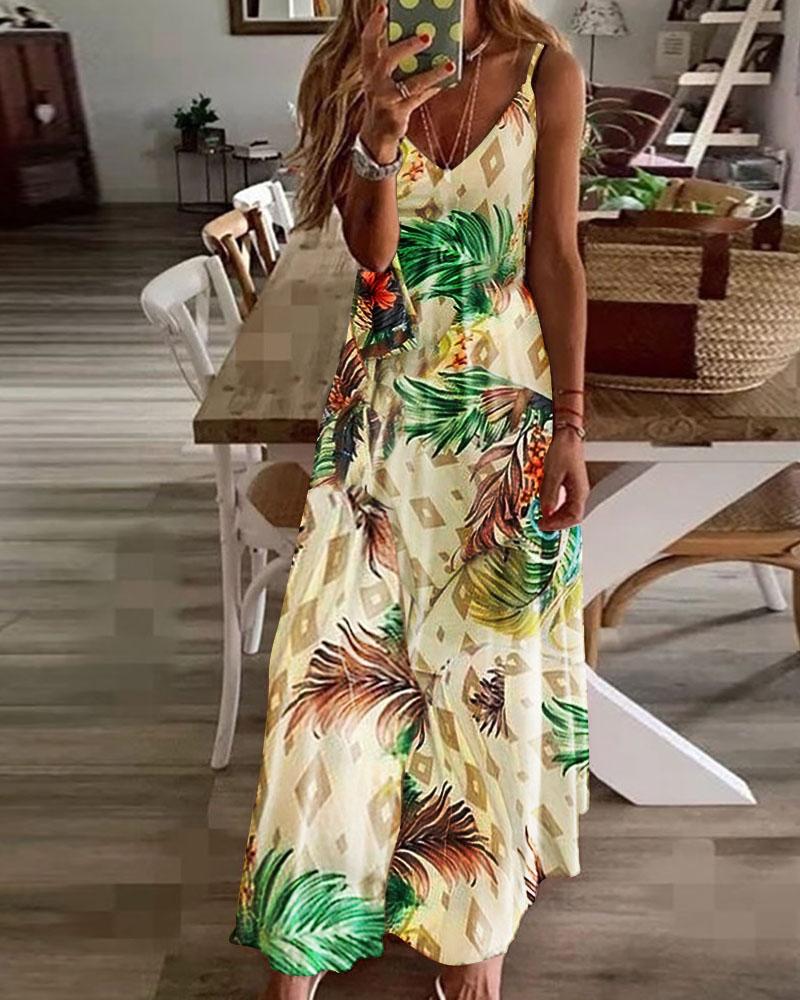 

Tropical Print Spaghetti Strap Maxi Dress, Apricot