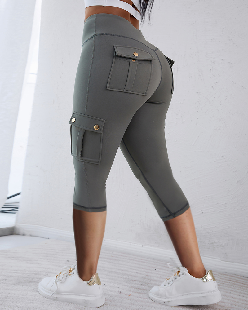 

Butt Lifting Biker Capris Leggings High Waist Flap Pocket Workout Capris Gym Pants, Dark grey