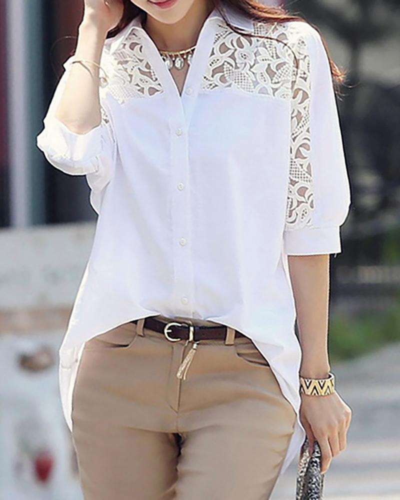 

Lace Trim Long Sleeve Casual Shirt, White