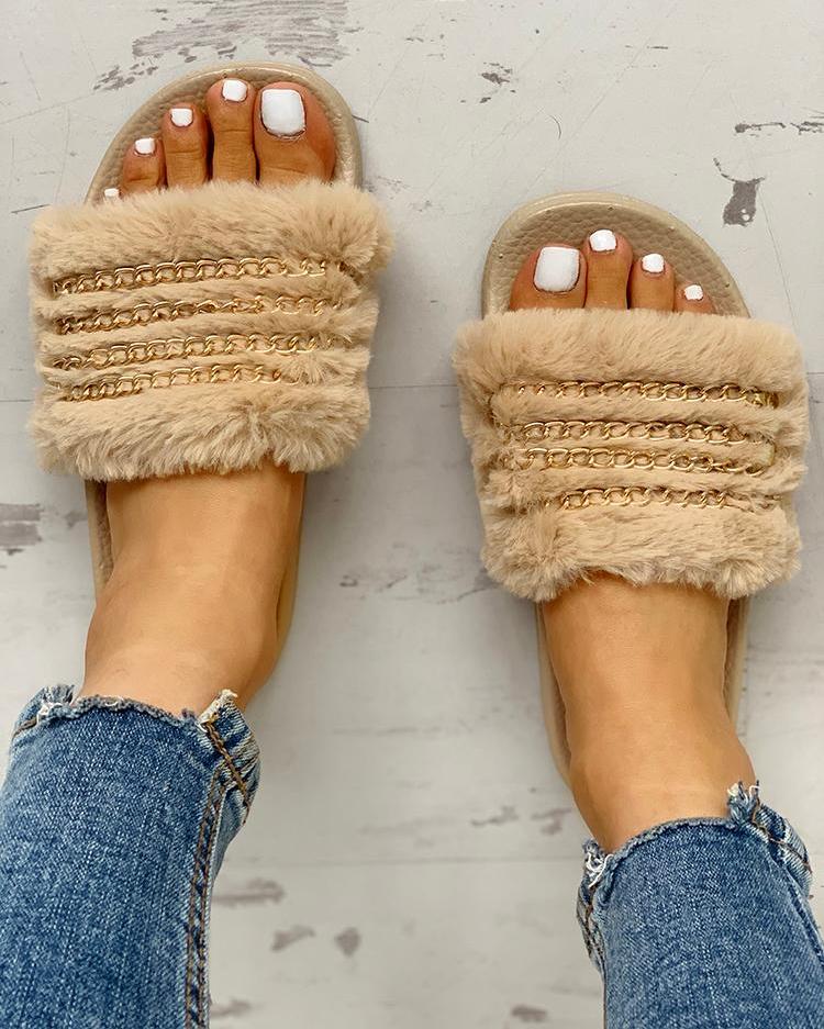 

Fluffy Chain Detail Open Toe Slippers, Khaki
