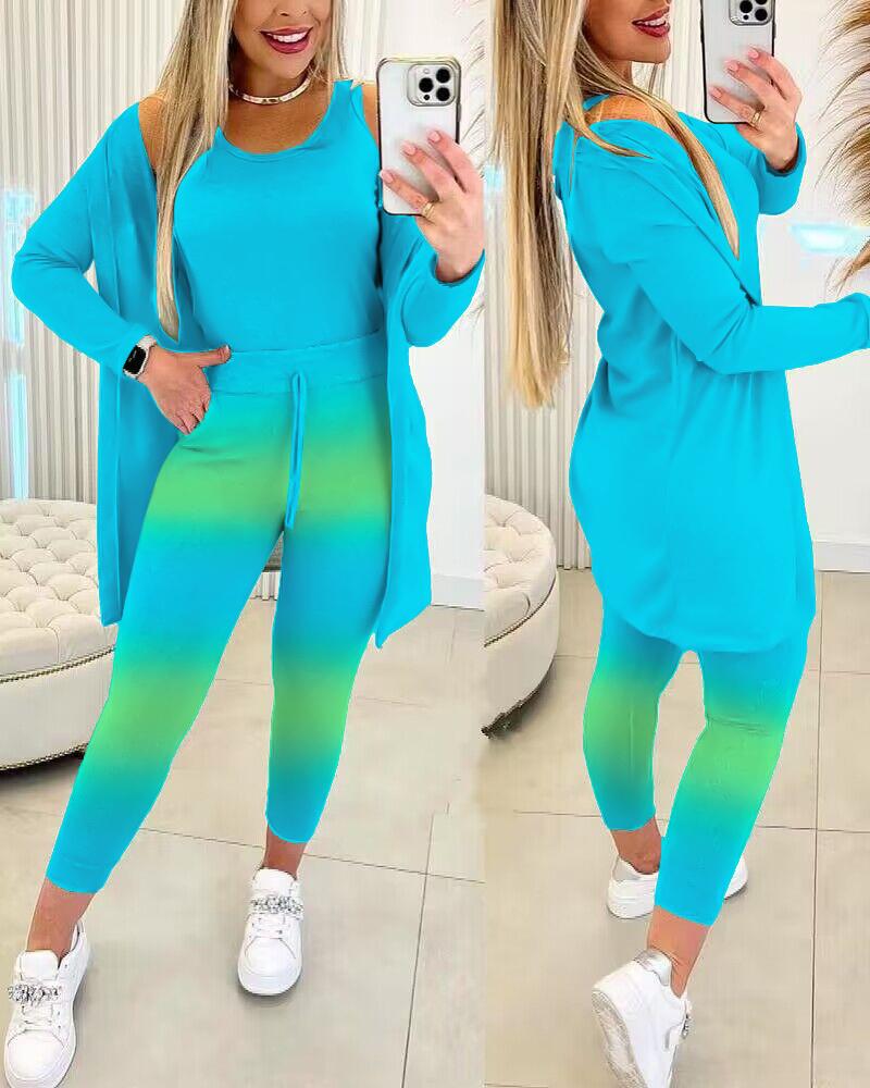 

Round Neck Tank Top & Ombre Drawstring Pants Set With Coat, Blue