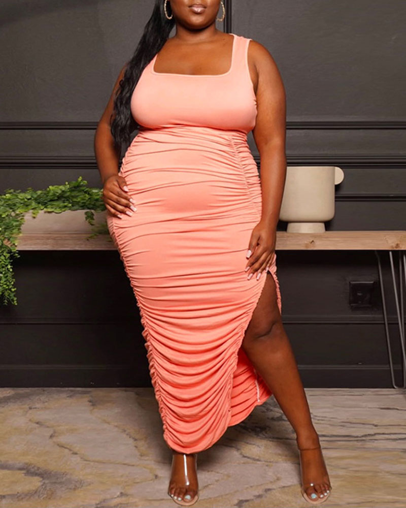 

Plus Size Sleeveless Ruched Split Hem Bodycon Dress, Pink