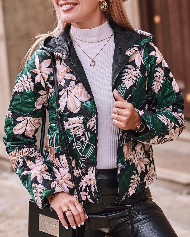

Tropical Print Zipper Pocket Design Drawstring Jacket, Green