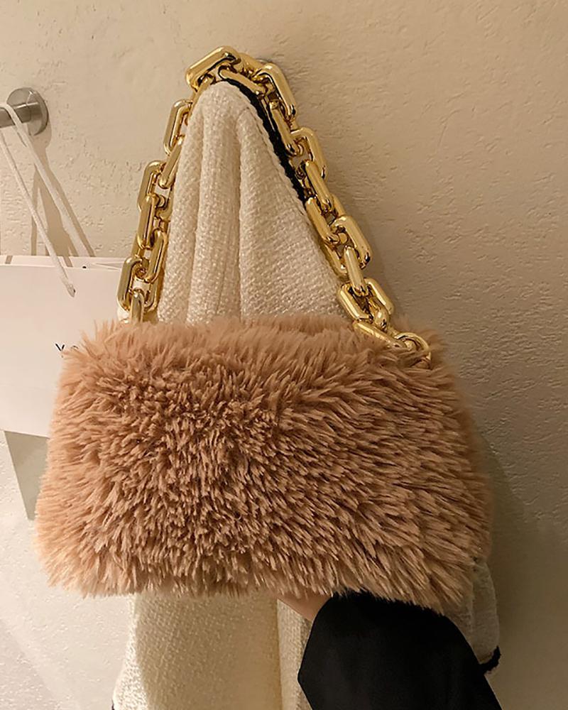 

Fuzzy Chain Strap Shoulder Bag, Khaki