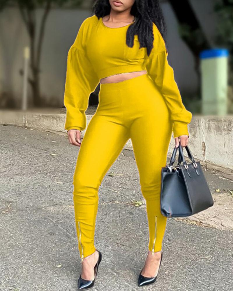 

Puff Sleeve Crop Top & Zipper Hem Pants Set, Yellow