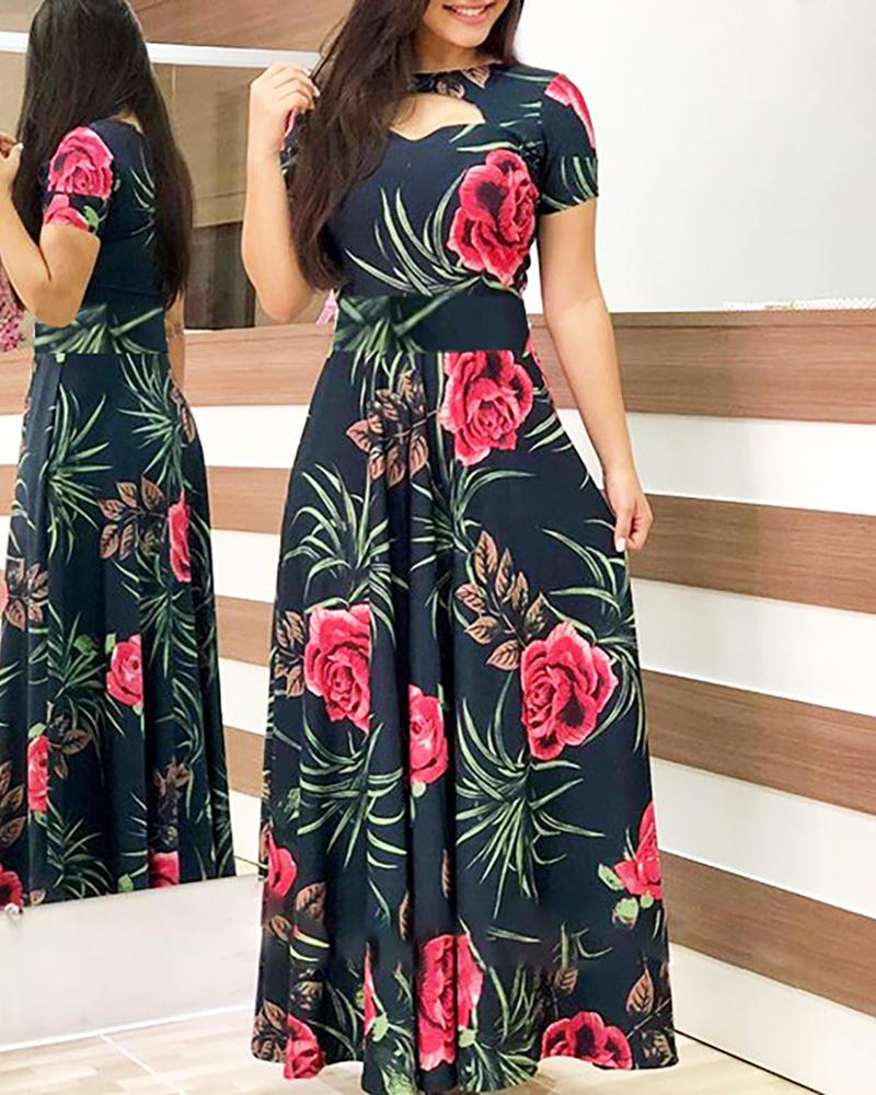 

Short Sleeve Cutout Print Maxi Women Dress, Black