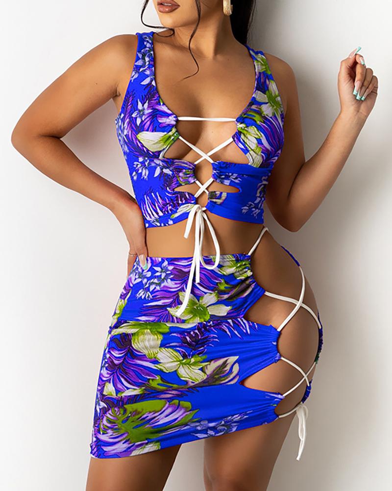 

Floral Print Lace-up Sleeveless Crop Top & Skirt Sets, Blue