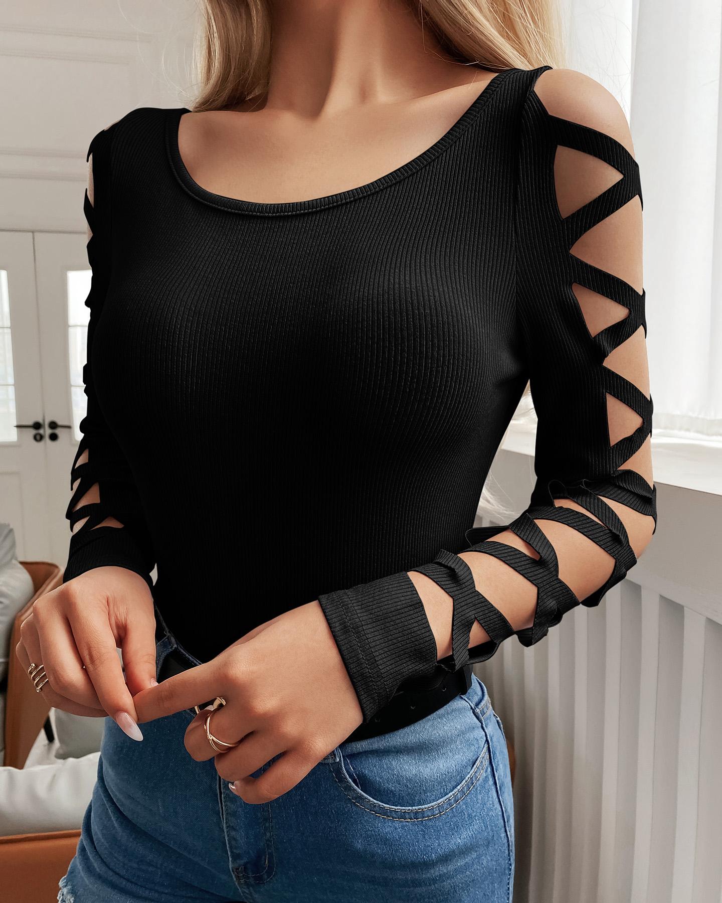 

Lace-Up Cutout Long Sleeve Top, Black
