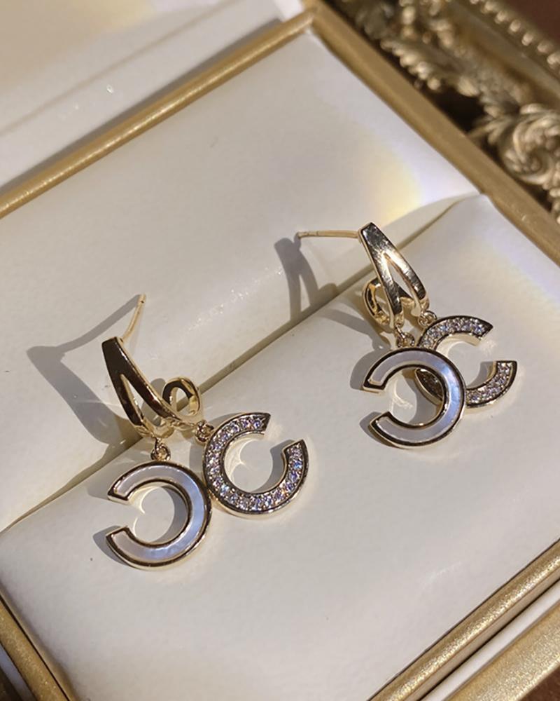 

Double C Rhinestone Hoop Earrings, White