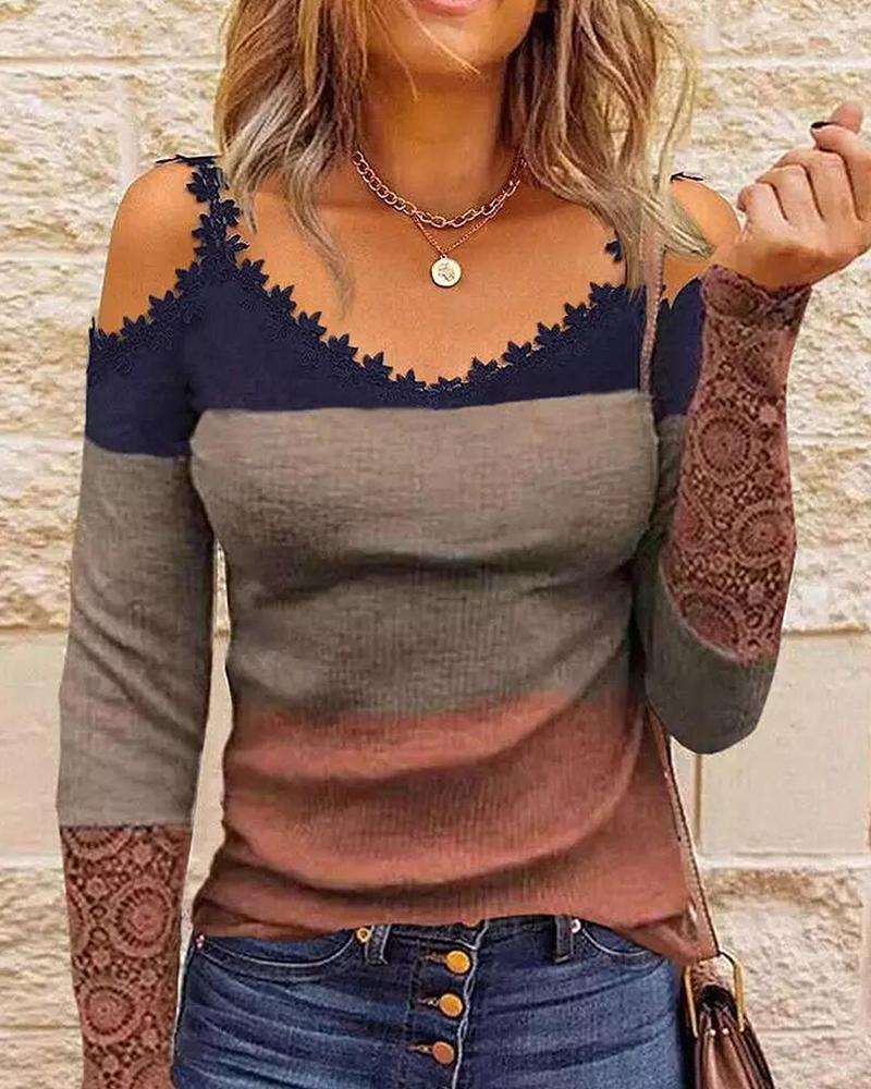 

Colorblock Contrast Lace Cold Shoulder Top, Multicolor