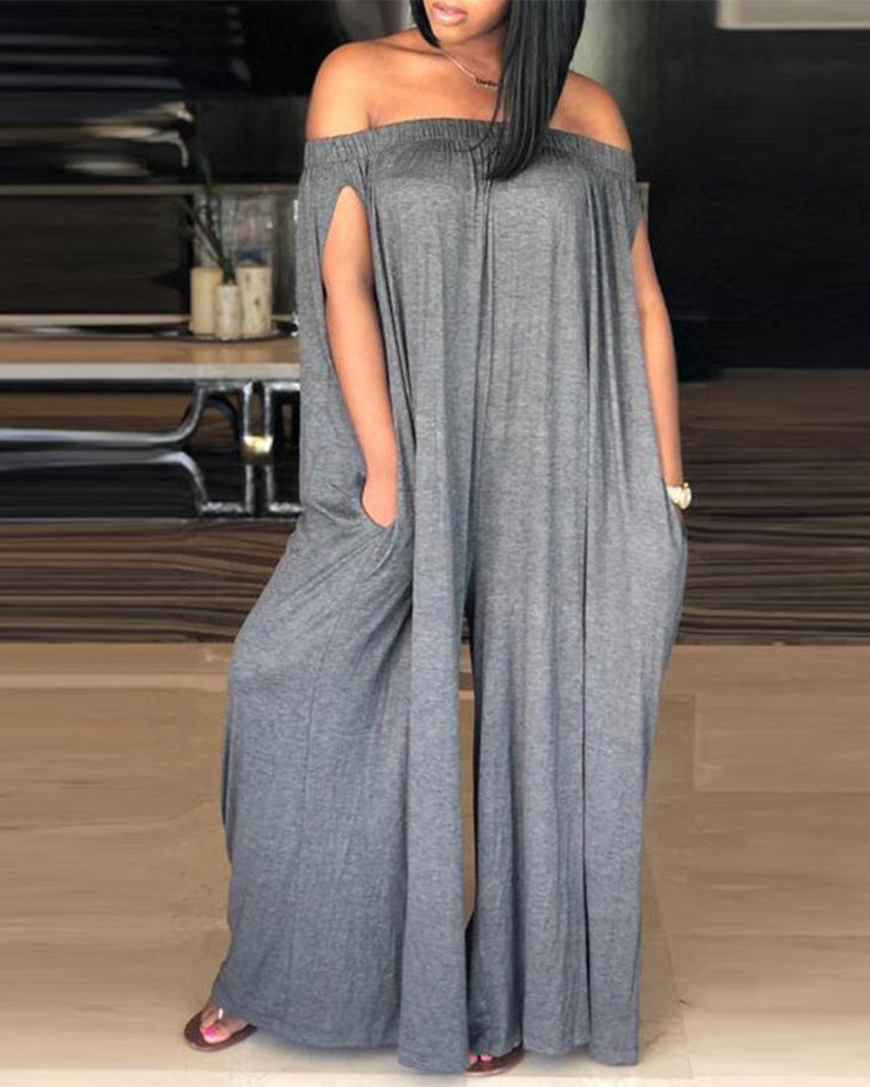 

Off Shoulder Ruched Pocket Design Jumpsuit, Gray