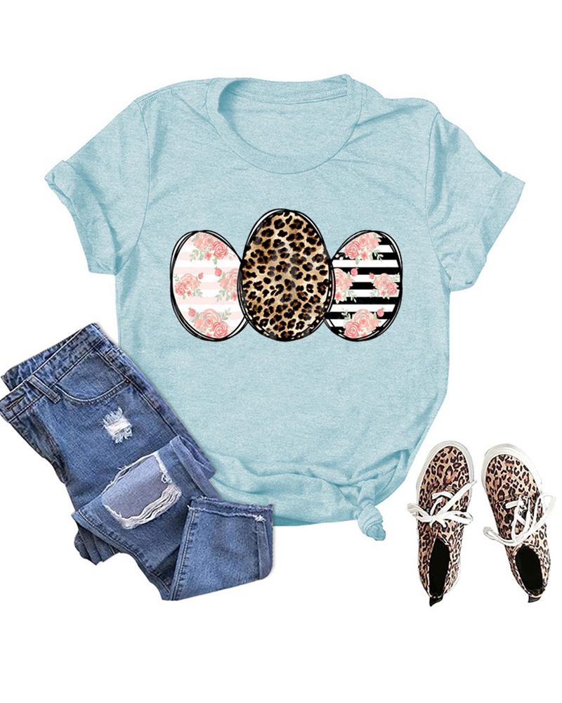

Easter Egg Print Short Sleeve T-Shirt, Lighted blue