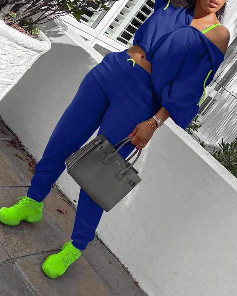 

Lantern Sleeve Hooded Top & Pocket Design Pants Set, Blue