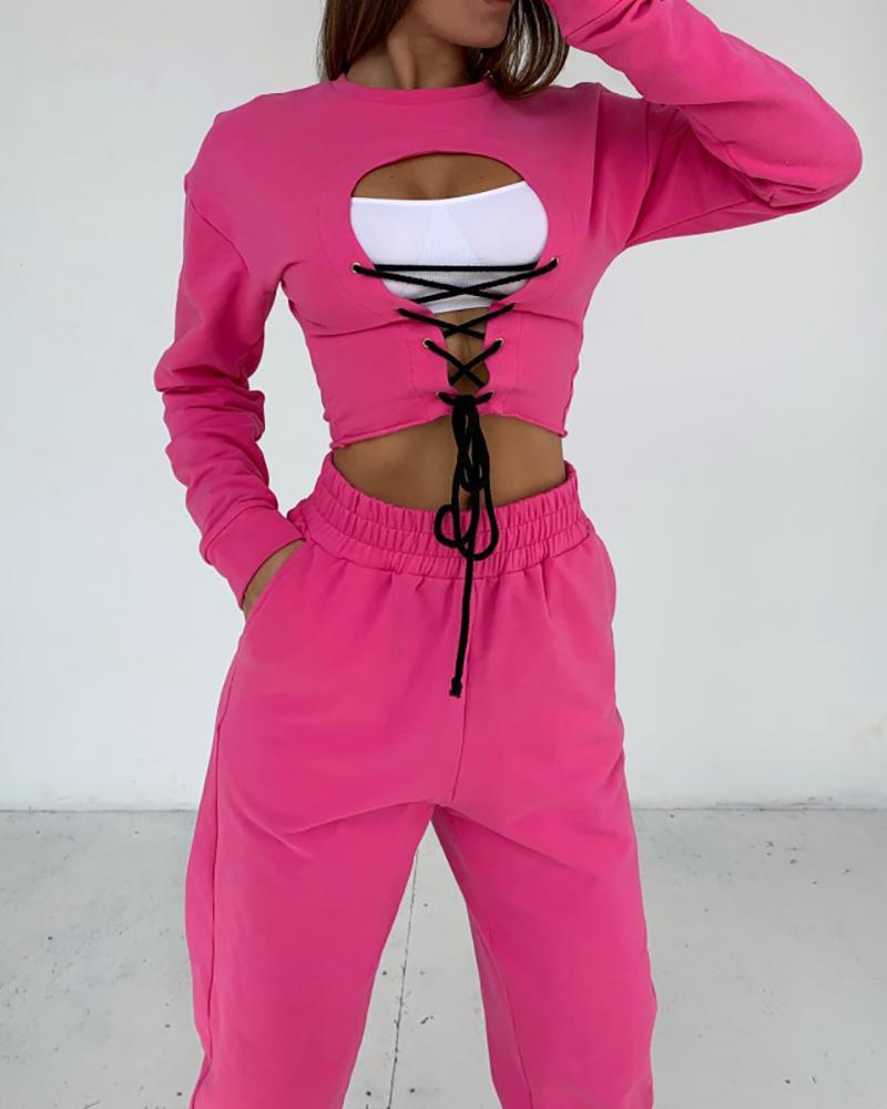 

Eyelet Lace-up Long Sleeve Crop Top & Pockets Pants Set, Hot pink