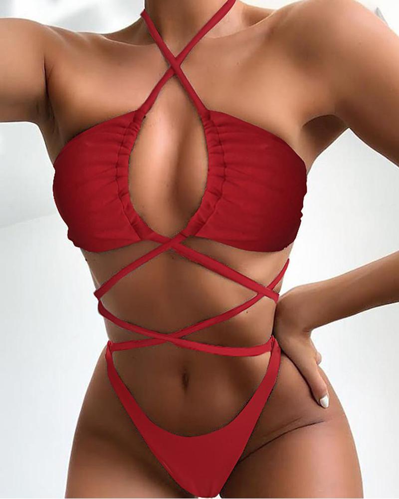 

Halter Crisscross Strappy One-Piece Swimsuit, Red