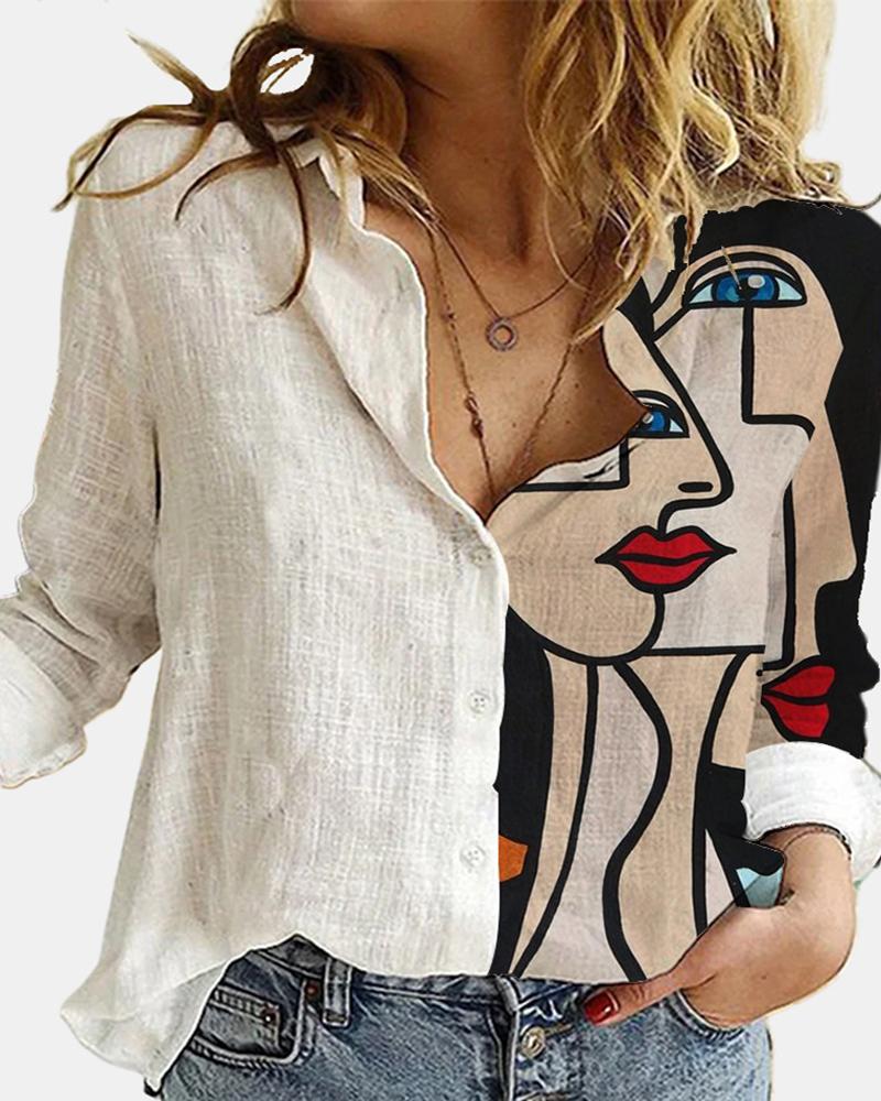 

Graphic Print Long Sleeve Casual Shirt, White