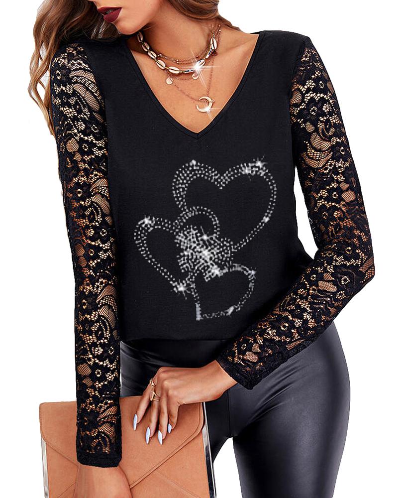 

Valentine's Day Long Sleeve Crochet Lace Rhinestone Top, Style4