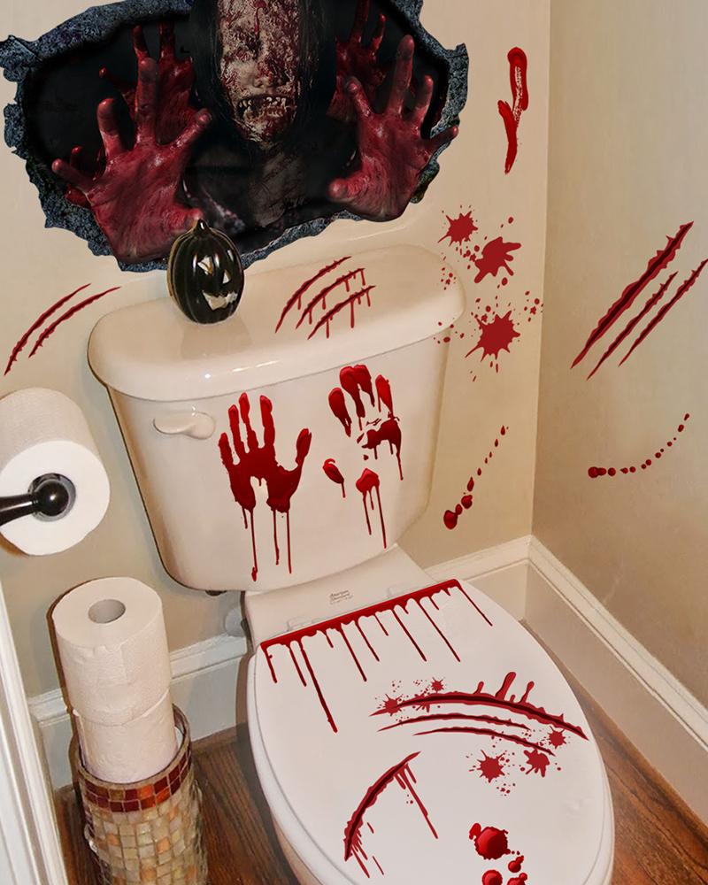 

2 Sheets Halloween Bloody Ghost Handprint Wall Decoration Bathroom Stickers, Red