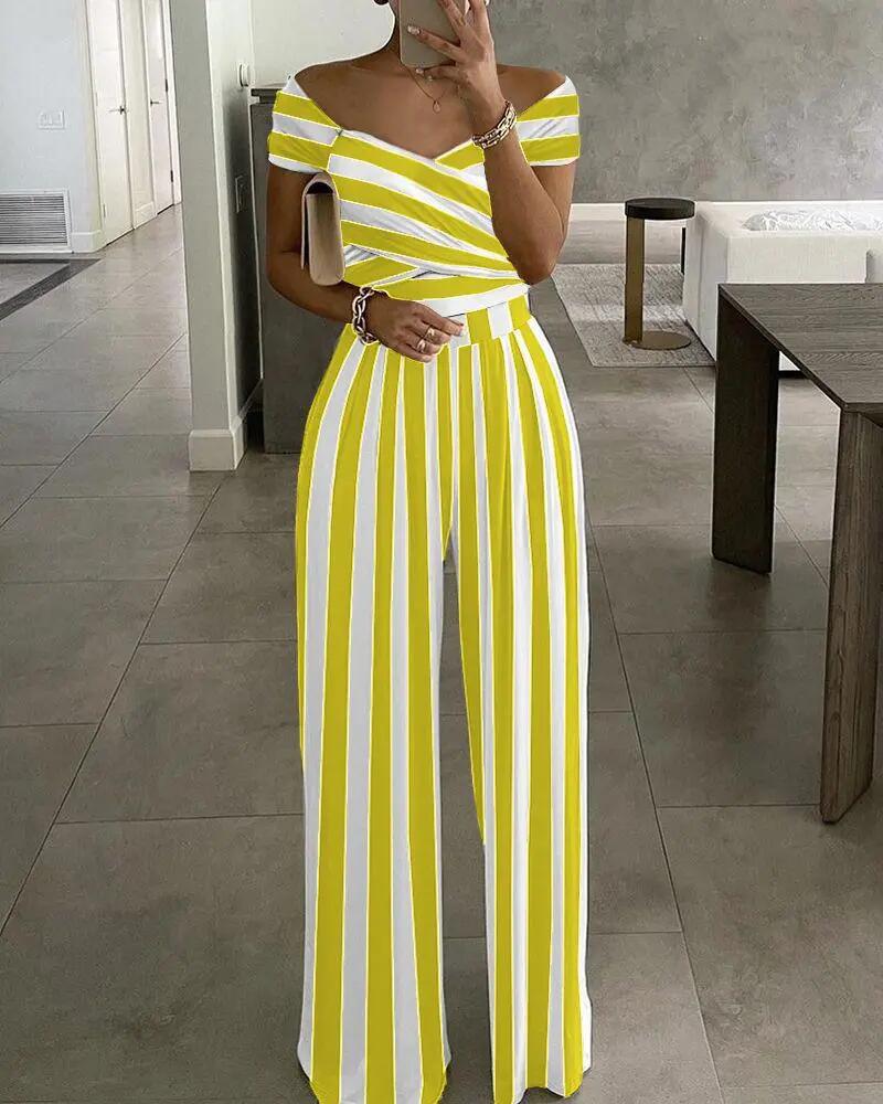 

Striped Print Off Shoulder Wide Leg Jumpsuit, Yellow
