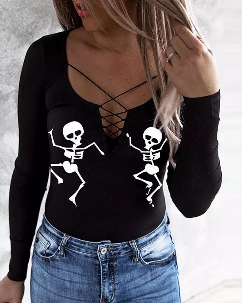 

Halloween Skeleton Print Long Sleeve Top, Black