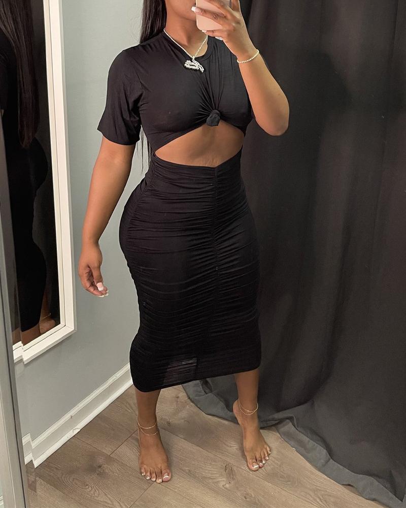 

Short Sleeve Cutout Front Ruched Casual Dress, Black