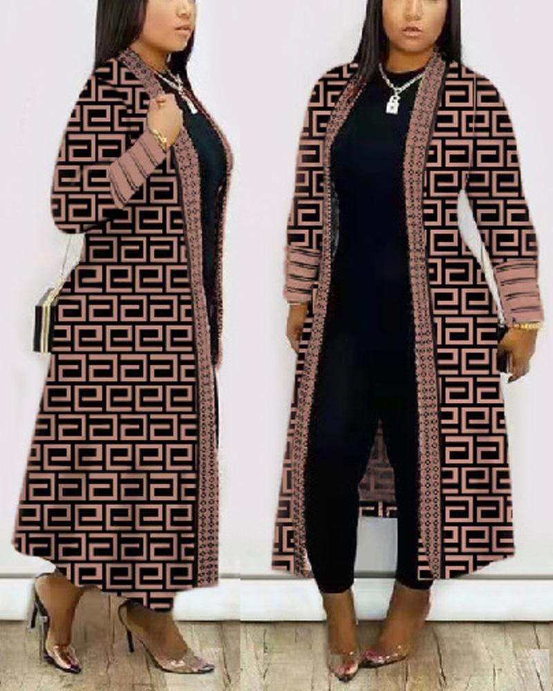 

Plus Size Geometric Print Open Front Longline Coat, Khaki
