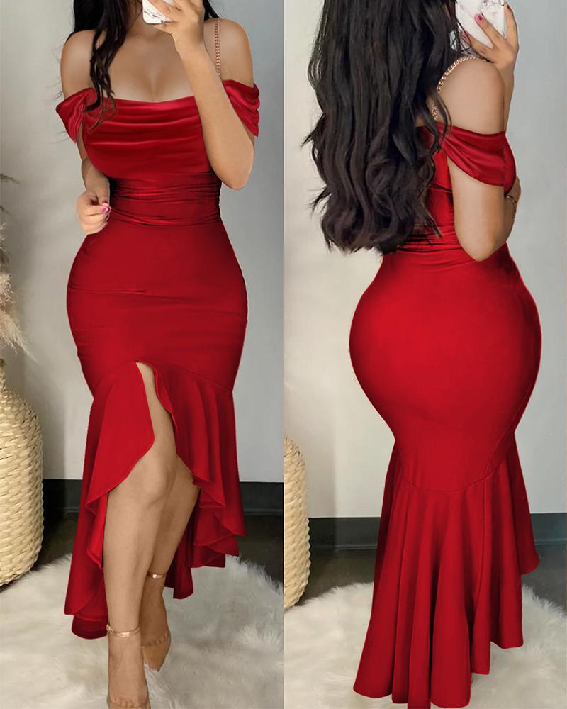 

Chain Decor Cold Shoulder Mermaid Dress, Red