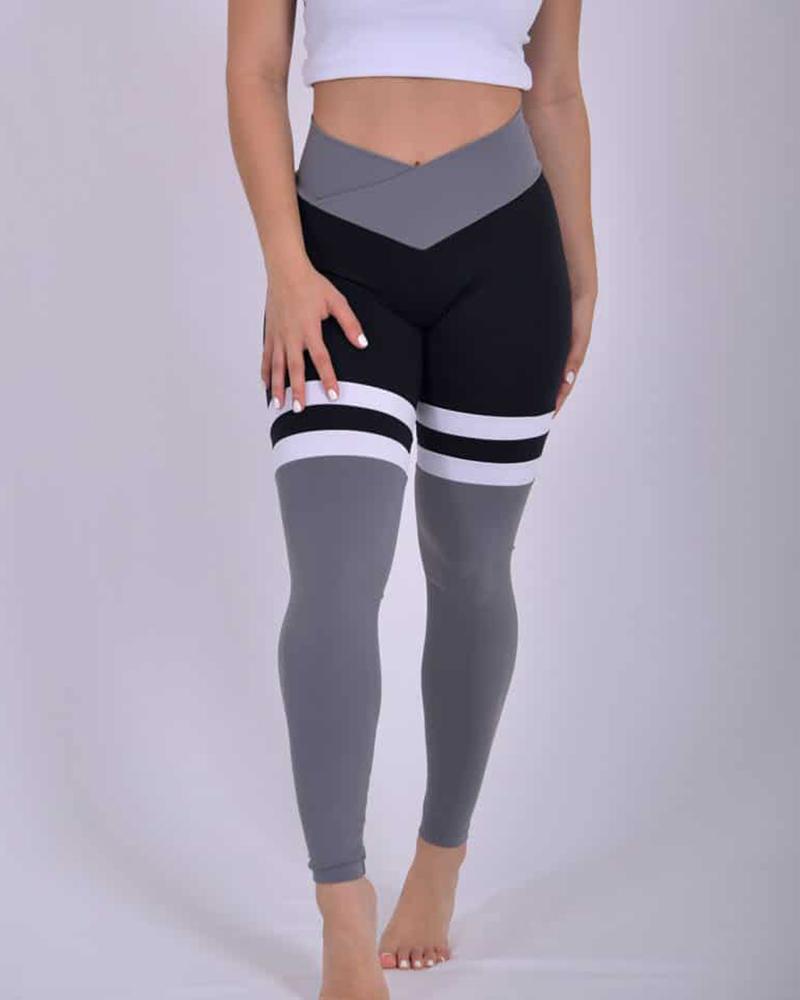 

Colorblock Patchwork High Waist Yoga Active Pants, Gray