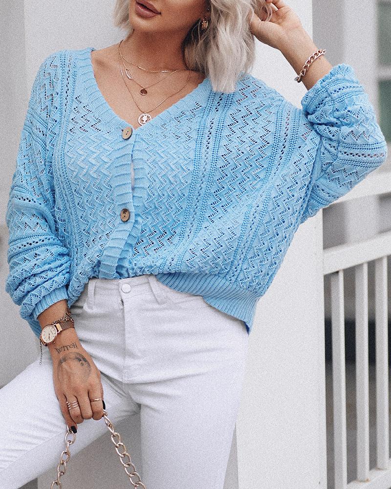 

Open Knit Button Up Cardigan, Blue