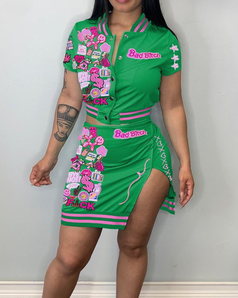 

Cartoon Graphic Letter Pattern Baseball Coat & Skirt Set, Green