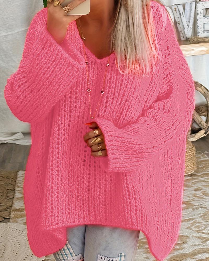 

V-Neck Long Sleeve Casual Sweater, Pink