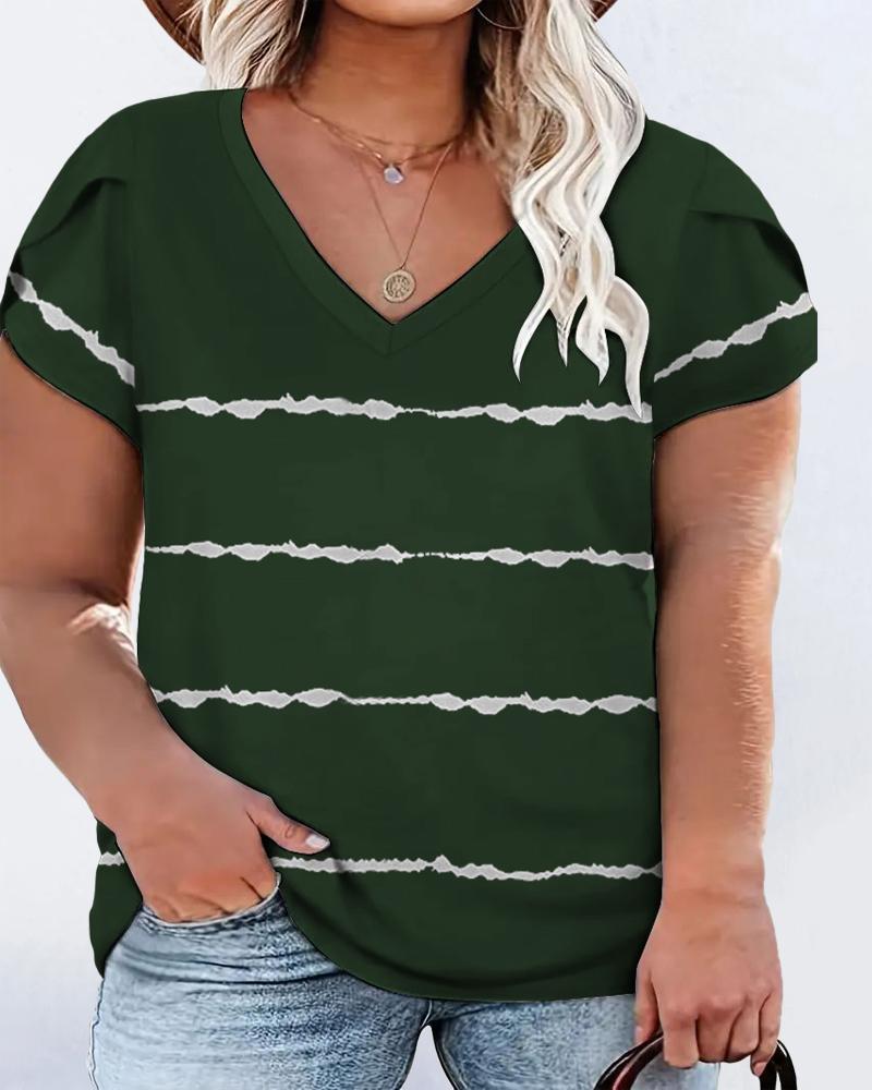 

Plus Size Tie Dye Print Petal Sleeve V-Neck T-Shirt, Green