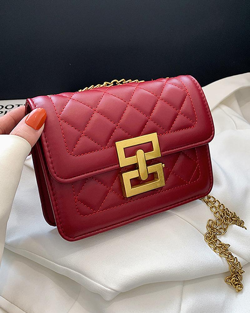 

Quilted Chain Strap Geo Lock Flap Shoulder Bag, Wine red