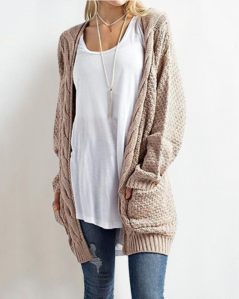 

Plus Size Long Sleeve Open Front Cable Knit Cardigan, Khaki
