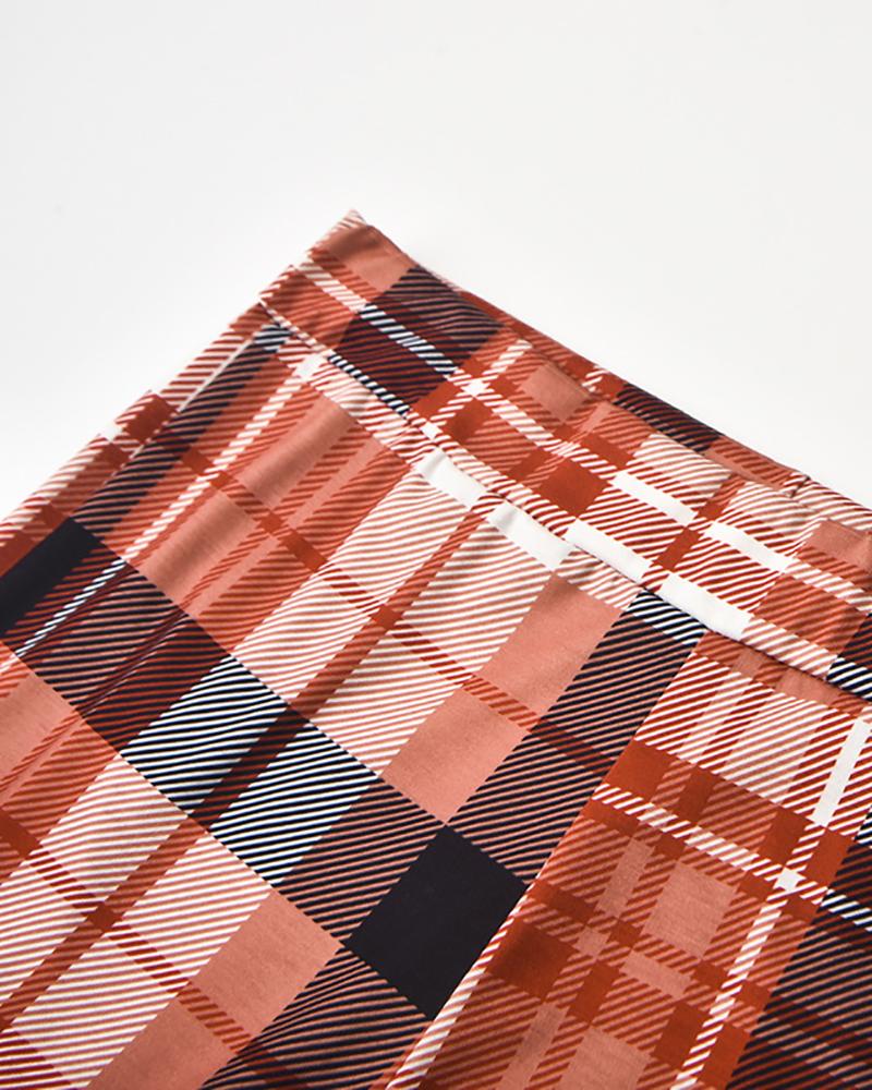 

Wide Leg Plaid Print High Waist Pants, Wine red
