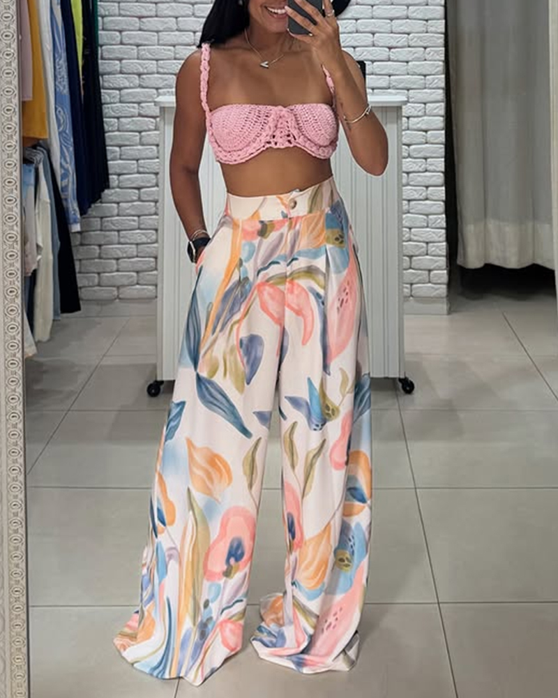 

Watercolor Floral Print High Waist Zipper Fly Wide Leg Trousers Casual Elastic Back Waist Pants, Multicolor