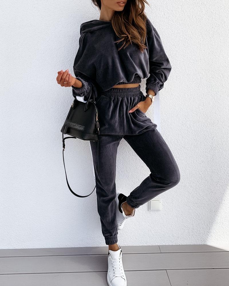 

Velvet Striped Tape Hooded Top & Pants Set, Dark grey