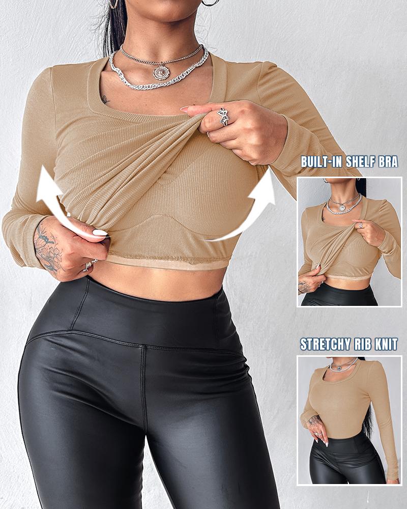 

U-Neck Built-in Bra Long Sleeve Ribbed Top, Khaki