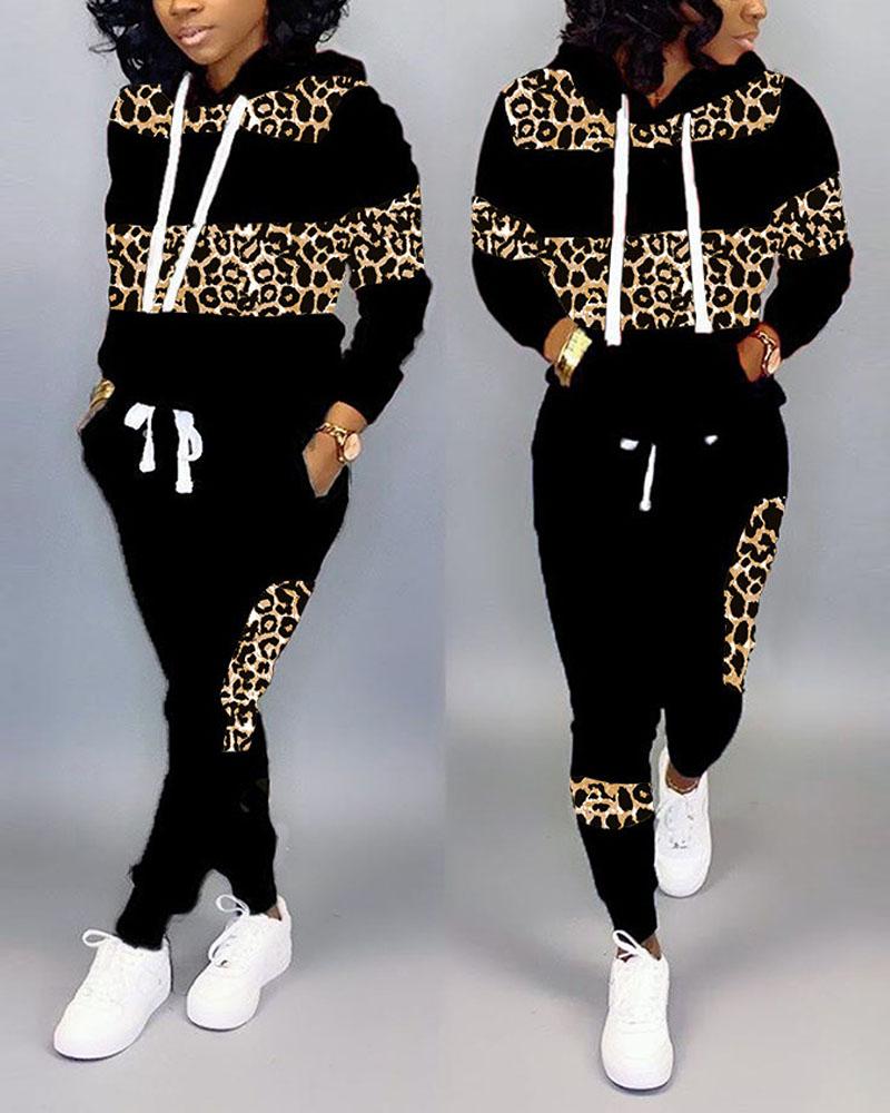 

Leopard Print Long Sleeve Hoodie & Pants Set, Black