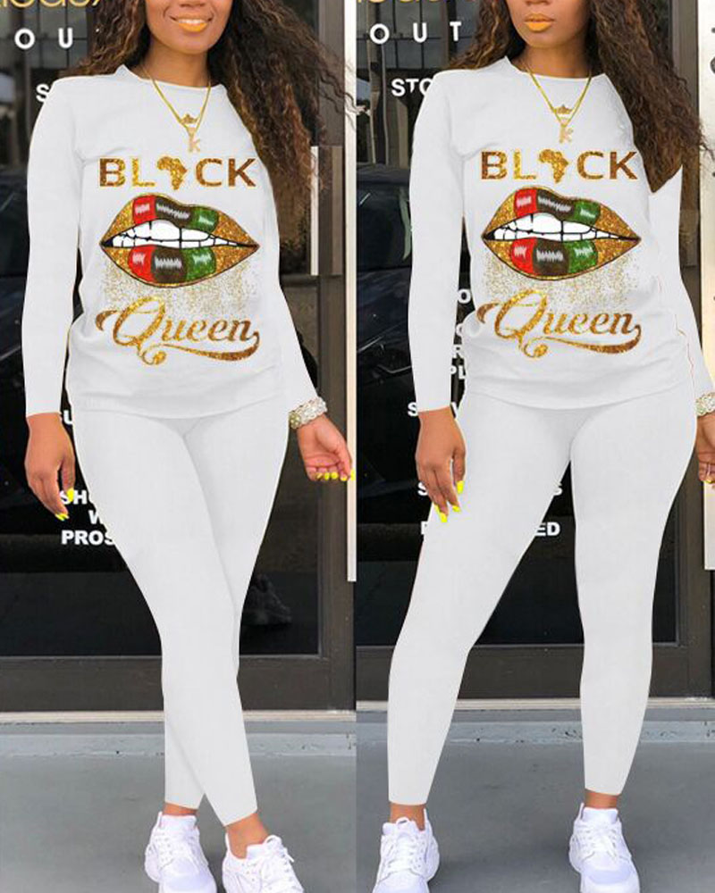 

Lip Letter Print Long Sleeve Top & Pants Set, White