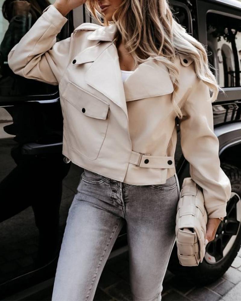 

PU Leather Flap Pocket Button Detail Biker Jacket, Beige