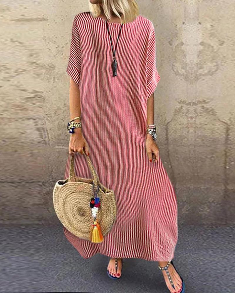

Striped Half Sleeve Loose Maxi Dress, Red
